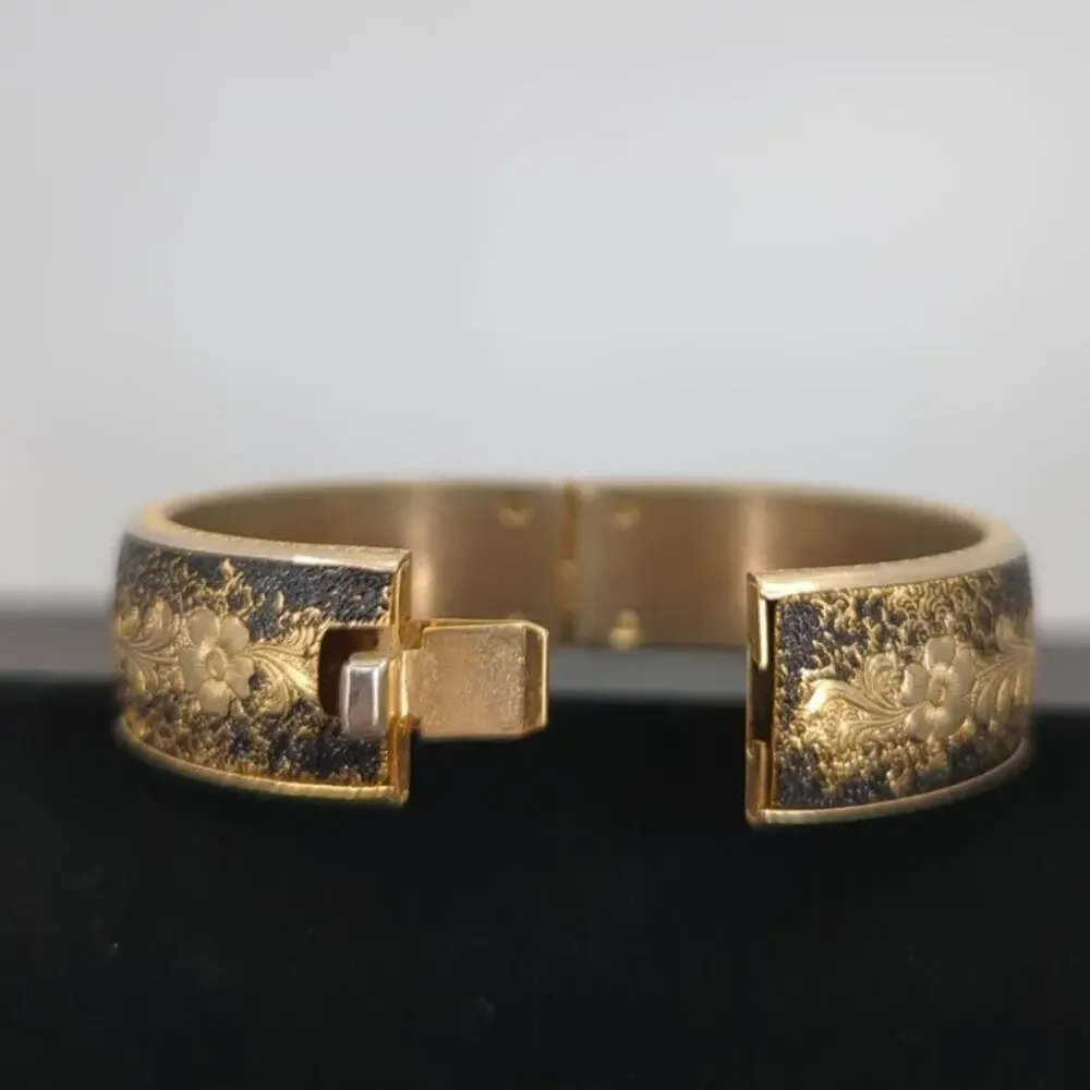 Vintage Fashion BRACELET Spanish Damascene Gold and Black Hinged Bangle